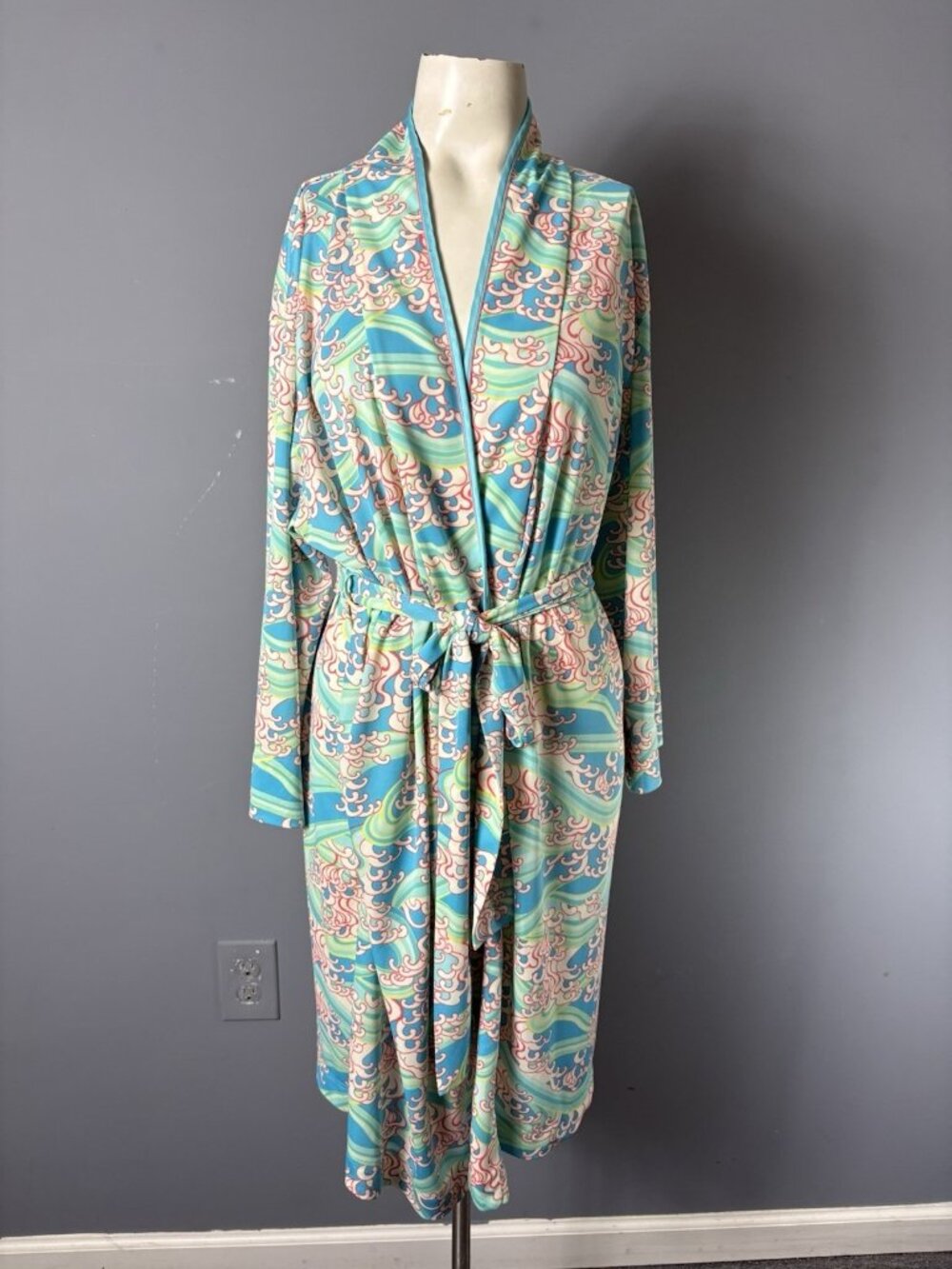 Vintage NATORI Womens S Colorful Asian Wave Print Loungewear Belted Robe